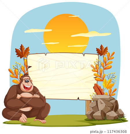 Gorilla with Blank Wooden Sign 117436308