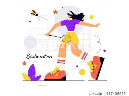 Vector Illustration of a Badminton Player with a Shuttle and Racket on the Court, Competing in the Sport as a Leisure Activity with a Flat Background Vector Illustration of a Badminton Player with a Shuttle and Racket on the Court, Competing in the Sport as a Leisure Activity with a Flat Background 117436635