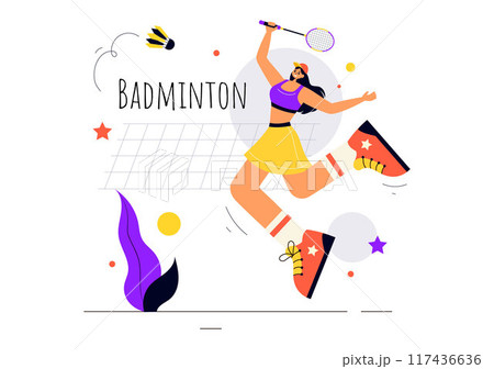 Vector Illustration of a Badminton Player with a Shuttle and Racket on the Court, Competing in the Sport as a Leisure Activity with a Flat Background 117436636