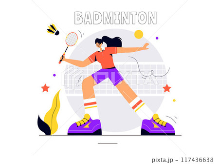 Vector Illustration of a Badminton Player with a Shuttle and Racket on the Court, Competing in the Sport as a Leisure Activity with a Flat Background Vector Illustration of a Badminton Player with a Shuttle and Racket on the Court, Competing in the Sport as a Leisure Activity with a Flat Background 117436638