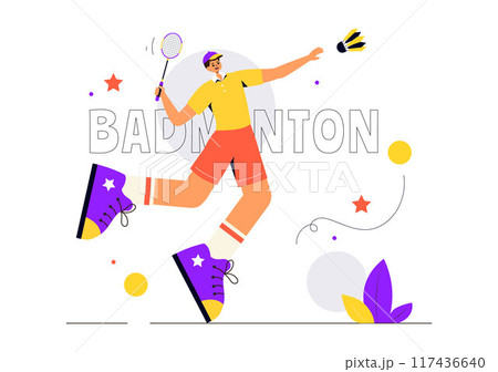 Vector Illustration of a Badminton Player with a Shuttle and Racket on the Court, Competing in the Sport as a Leisure Activity with a Flat Background Vector Illustration of a Badminton Player with a Shuttle and Racket on the Court, Competing in the Sport as a Leisure Activity with a Flat Background 117436640