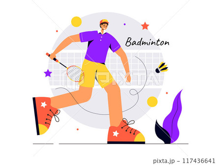Vector Illustration of a Badminton Player with a Shuttle and Racket on the Court, Competing in the Sport as a Leisure Activity with a Flat Background 117436641