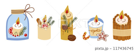 Festive Christmas candles vector illustrations set, decorated with natural pine, cinnamon, and orange. Perfect for holiday decor, greeting cards, and cozy winter designs. Cozy winter celebration Festive Christmas candles vector illustrations set, decorated with natural pine, cinnamon, and orange. Perfect for holiday decor, greeting cards, and cozy winter designs. Cozy winter celebration 117436745