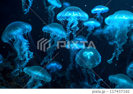 glowing sea jellyfishes on dark background, neural network generated image 117437192