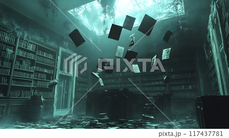 Eerie Haunted School Library with Floating Books and Ghostly Whispers 117437781