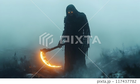 Eerie Reaper Wielding Glowing Scythe in Foggy Nighttime Landscape Eerie Reaper Wielding Glowing Scythe in Foggy Nighttime Landscape 117437782