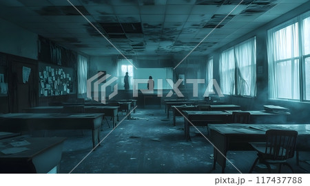 Eerie Haunted Classroom with Ghostly Presence and Ominous Lighting 117437788