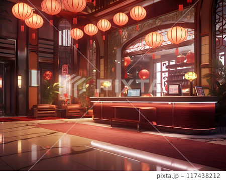 Asian Style Hotel Reception Area Lobby AI Artwork 117438212