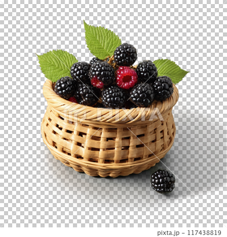 Blackberries rubus fruticosus deep black clusters and single spiraling above weathered wicker basket juice splashing 117438819