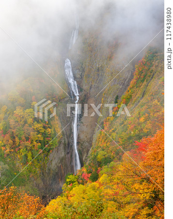 富山_紅葉に染まる称名滝の絶景風景 117438980