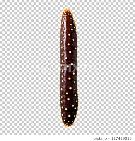 Raw sea cucumber elongated body dark brown color captured from above Food and culinary concept Raw sea cucumber elongated body dark brown color captured from above Food and culinary concept 117439016