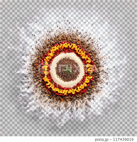 Jerk spices mandala an arrangement of allspice thyme and scotch bonnet peppers with powder dusting 117439019