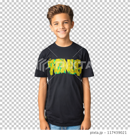 A teenage boy with a skateboard a smirk and a graphic t shirt featuring his 117439021