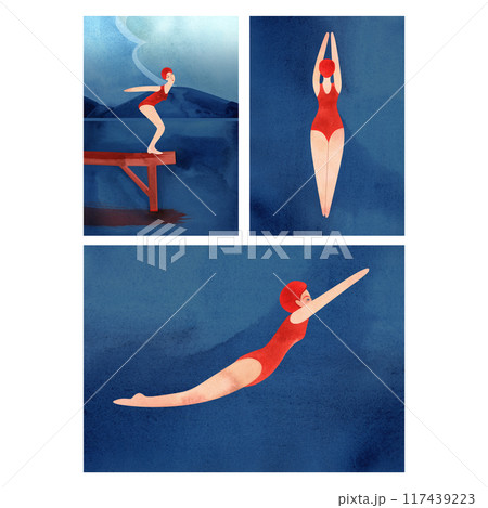 Swimmers, diving, scuba diving, summer holidays at water resorts. Sports, hobbies and recreation. Set of watercolor templates for cards. Swimmers, diving, scuba diving, summer holidays at water resorts. Sports, hobbies and recreation. Set of watercolor templates for cards. 117439223