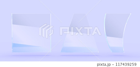 Glass transparent clear banner or plate 3d render icon set. Blank square, triangle and curve rectangle shape acrylic or plastic panel with light refraction isolated on blue background. 3D illustration 117439259