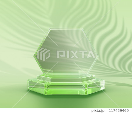 3d glass hexagon step podium display with crystal wall plate, palm leaf shadow on light green background. Clear pedestal platform for natural eco cosmetic, herbal beauty product stand. 3D illustration 3d glass hexagon step podium display with crystal wall plate, palm leaf shadow on light green background. Clear pedestal platform for natural eco cosmetic, herbal beauty product stand. 3D illustration 117439469