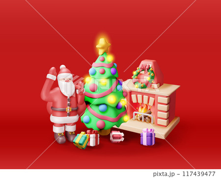 3D red brick new year fireplace and santa claus 117439477
