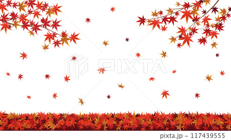 赤く染まった紅葉の枝と地面に舞い散る紅葉　ベクター背景素材 117439555
