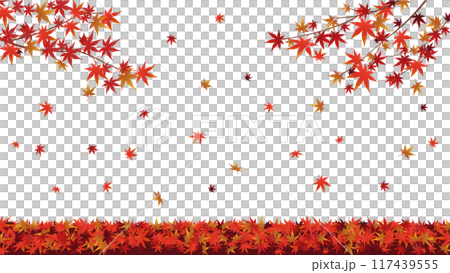 赤く染まった紅葉の枝と地面に舞い散る紅葉　ベクター背景素材 117439555
