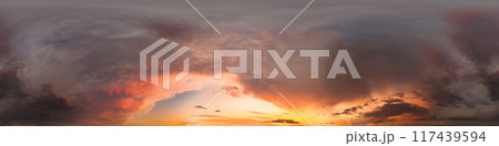 Golden glowing red orange overcast sunset sky 360 hdr panorama. Seamless spherical equirectangular panorama. Sky dome or zenith for 3D visualization and sky replacement for aerial drone 360 panoramas Golden glowing red orange overcast sunset sky 360 hdr panorama. Seamless spherical equirectangular panorama. Sky dome or zenith for 3D visualization and sky replacement for aerial drone 360 panoramas 117439594