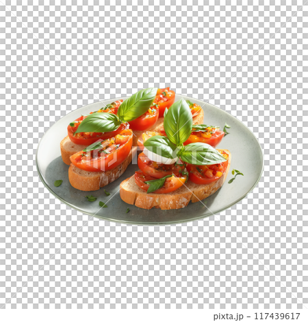Bruschetta with grilled bread tomatoes garlic and basil leaves on a clear plate Summer food 117439617