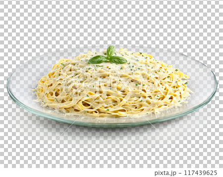 Fettuccine Alfredo with creamy sauce and Parmesan served on a transparent glass plate Italian American 117439625