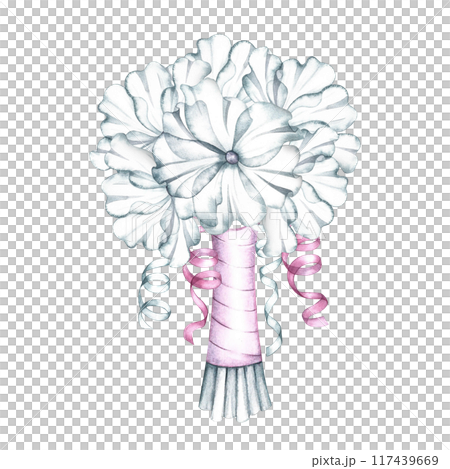 A bouquet of white flowers with a pink ribbon is the bride's wedding bouquet. Handmade watercolor illustration. For greeting and invitation cards, banners, flyers and posters, packaging, labels. A bouquet of white flowers with a pink ribbon is the bride's wedding bouquet. Handmade watercolor illustration. For greeting and invitation cards, banners, flyers and posters, packaging, labels. 117439669