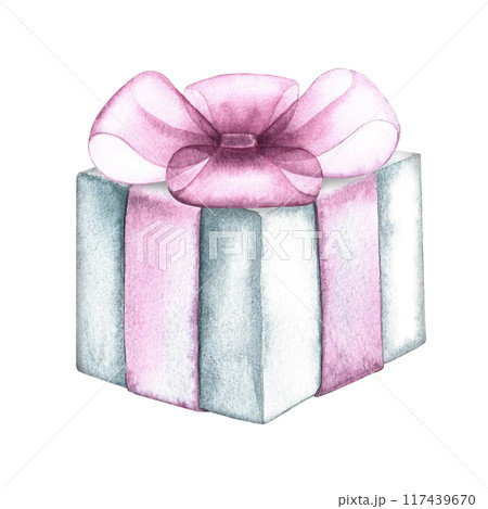 A white gift box with a pink ribbon without a bow. A watercolor illustration made by hand. Isolated. An element of the design of invitations and greeting cards. A white gift box with a pink ribbon without a bow. A watercolor illustration made by hand. Isolated. An element of the design of invitations and greeting cards. 117439670