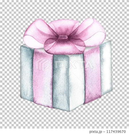A white gift box with a pink ribbon without a bow. A watercolor illustration made by hand. Isolated. An element of the design of invitations and greeting cards. A white gift box with a pink ribbon without a bow. A watercolor illustration made by hand. Isolated. An element of the design of invitations and greeting cards. 117439670