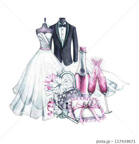 A wedding composition with the outfits of the bride and groom, wedding rings, padlock and champagne. Watercolor illustration of a hand-held robot. For the first time, I order flyers, banners, flyers. 117439671