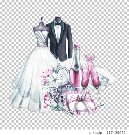 A wedding composition with the outfits of the bride and groom, wedding rings, padlock and champagne. Watercolor illustration of a hand-held robot. For the first time, I order flyers, banners, flyers. 117439671