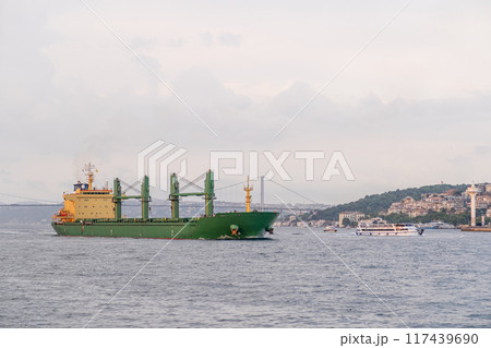 A large cargo ship travels along the Bosphorus, with Istanbul's cityscape visible. Perfect footage for global shipping, commerce, and transportation A large cargo ship travels along the Bosphorus, with Istanbul's cityscape visible. Perfect footage for global shipping, commerce, and transportation 117439690