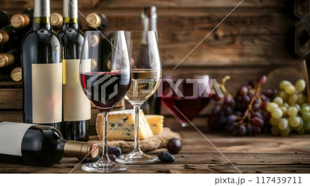 Two wine glasses filled with red and white wine, alongside wine bottles and cheese, arranged on a wooden table in a cozy setting. Two wine glasses filled with red and white wine, alongside wine bottles and cheese, arranged on a wooden table in a cozy setting. 117439711