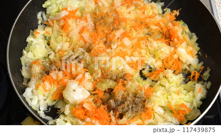Finely chopped cabbage and carrots are stewing in a pan. Ideal for culinary and healthy eating content. Finely chopped cabbage and carrots are stewing in a pan. Ideal for culinary and healthy eating content. 117439875
