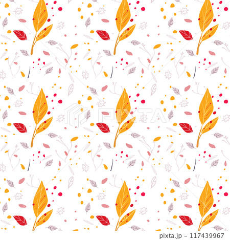 Autumn seamless pattern on a white background with pink and yellow leaves and branches. Suitable for decor, stationery, and gift wrapping. Cheerful and lively autumn look. Autumn seamless pattern on a white background with pink and yellow leaves and branches. Suitable for decor, stationery, and gift wrapping. Cheerful and lively autumn look. 117439967