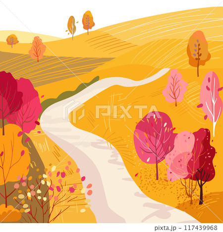 Hill with fields, roadside trees and dirt road. Harvesting. Ripe fields. Hand drawn vector illustration. Lifestyle. Template for postcard, invitation and tourism marketing. Hill with fields, roadside trees and dirt road. Harvesting. Ripe fields. Hand drawn vector illustration. Lifestyle. Template for postcard, invitation and tourism marketing. 117439968