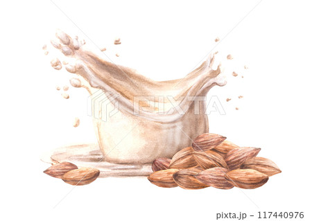 Almond milk drink and milk splash. Watercolor Almond nut pureed on a background of yogurt, cream. Plant based, soy based vegan drink. Vegetarian product label. Hand-drawn composition of food Isolated Almond milk drink and milk splash. Watercolor Almond nut pureed on a background of yogurt, cream. Plant based, soy based vegan drink. Vegetarian product label. Hand-drawn composition of food Isolated 117440976