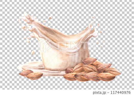 Almond milk drink and milk splash. Watercolor Almond nut pureed on a background of yogurt, cream. Plant based, soy based vegan drink. Vegetarian product label. Hand-drawn composition of food Isolated Almond milk drink and milk splash. Watercolor Almond nut pureed on a background of yogurt, cream. Plant based, soy based vegan drink. Vegetarian product label. Hand-drawn composition of food Isolated 117440976
