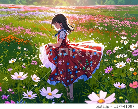 コスモス畑に立つ女性 117441097