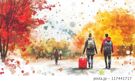 【秋の紅葉旅行】色鮮やかな秋の風景を歩く二人旅 - 魅力的なイラスト素材 【秋の紅葉旅行】色鮮やかな秋の風景を歩く二人旅 - 魅力的なイラスト素材 117441717