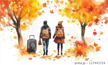 【秋の旅行シーン】紅葉に包まれる二人旅 - 温かみのあるイラスト素材 117441724