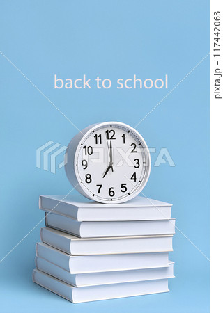 text back to school, clock, books, generative AI 117442063