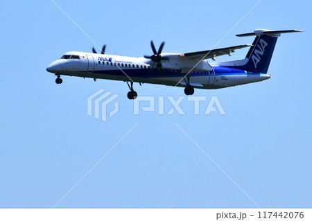 大阪国際空港　ANA　ボンバルディア　DHC8-Q400 プロペラ機　着陸態勢　スカイパーク 117442076