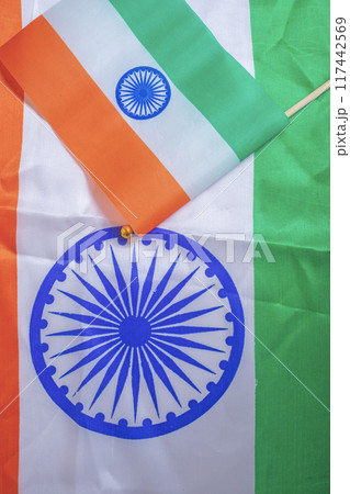 Indian flag in the background of the national flag of India. Top view 117442569