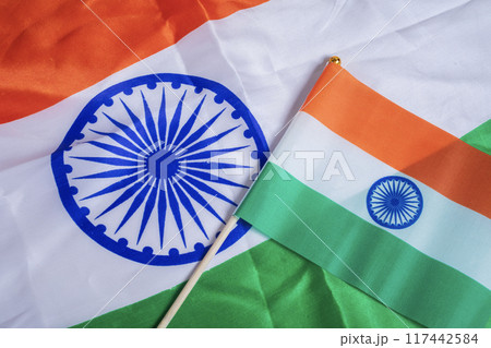 Indian flag in the background of the national flag of India. Top view Indian flag in the background of the national flag of India. Top view 117442584