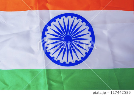 Close up of Indian tricolor flag background, conceptual image for independence day. 117442589
