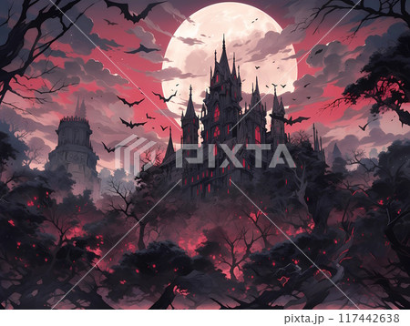 コウモリの舞うダークファンタジー風の古城_背景イラスト コウモリの舞うダークファンタジー風の古城_背景イラスト 117442638
