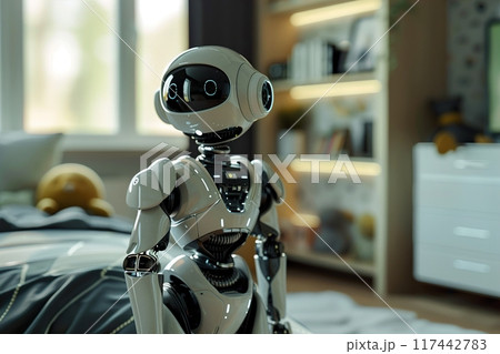 Robotic housekeeper in a stylish home setting, designed to showcase the seamless integration of advanced robotics into everyday domestic tasks. Ideal for promoting smart home solutions. Generative AI. 117442783