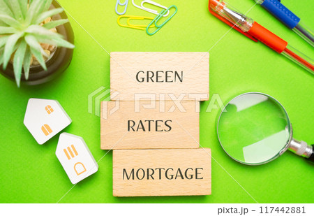 Green rates mortgage concept. Home loan offering favorable interest rates or terms for properties that meet certain environmental standards. Real estate and finance Green rates mortgage concept. Home loan offering favorable interest rates or terms for properties that meet certain environmental standards. Real estate and finance 117442881