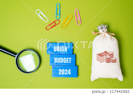 Union budget 2024 concept. Annual financial statement presented by the government of a country, detailing its expected revenue and expenditure for the next year. Business and finance. Money bag blocks Union budget 2024 concept. Annual financial statement presented by the government of a country, detailing its expected revenue and expenditure for the next year. Business and finance. Money bag blocks 117442882